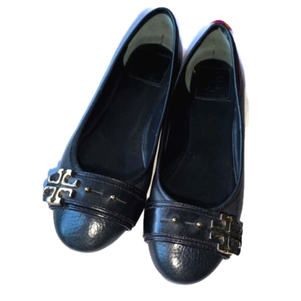 TORY BURCH SHOES FLATS Elina Ballet Flat Logo Navy Leather 7.5